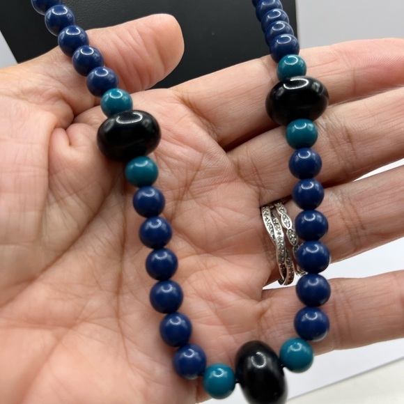 Trifari Beaded Necklace 30” Length Blue Black and Turquoise Blue Beaded Necklace - Picture 7 of 13
